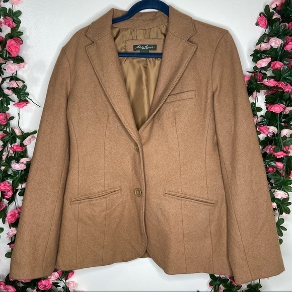 🌹Eddie Bauer Tan Khaki Wool Blend Button Up Peacoat Winter Snow Fall 10 Womens - Picture 1 of 7